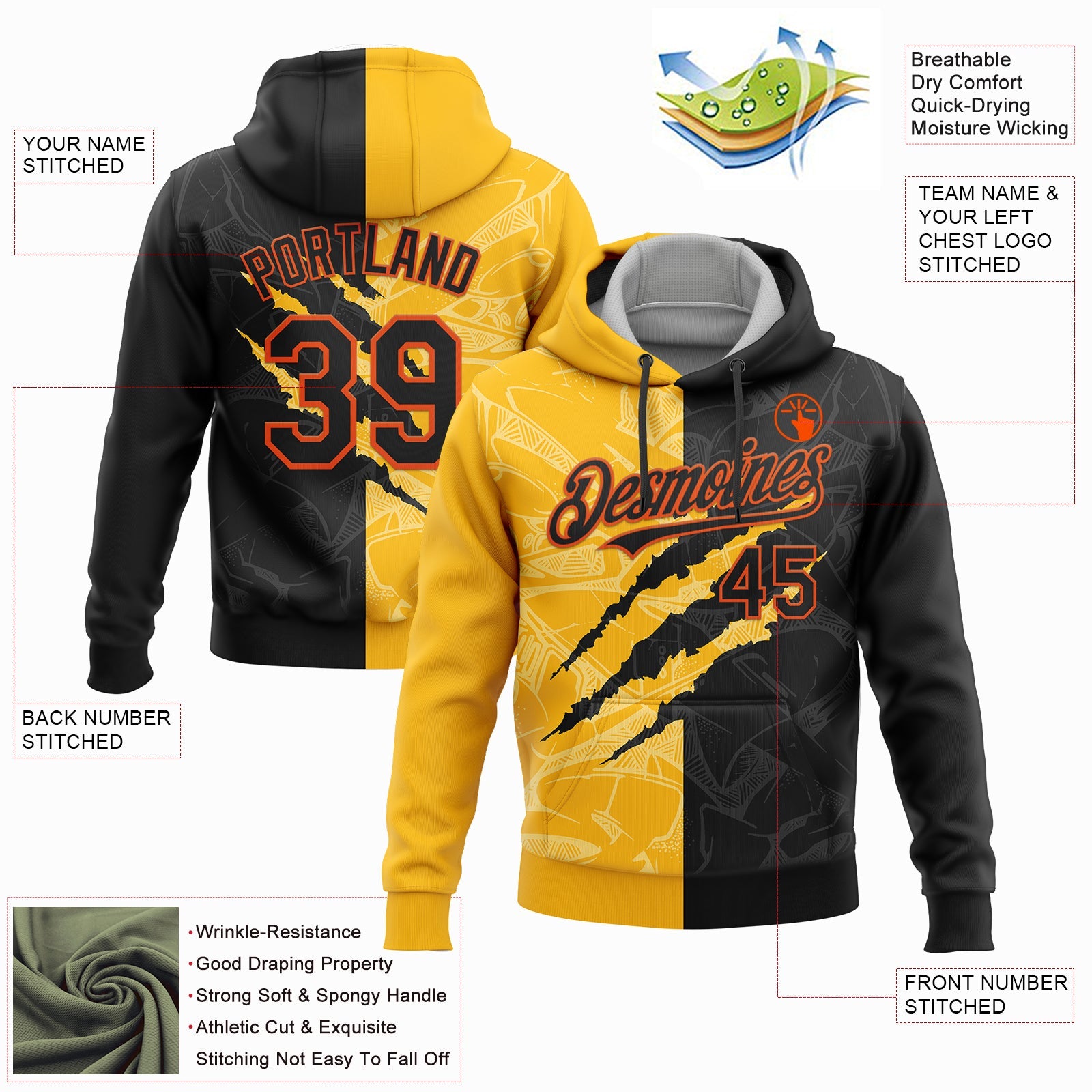 Custom Stitched Graffiti Pattern Black Gold-Orange 3D Scratch Sports Pullover Sweatshirt Hoodie view 2