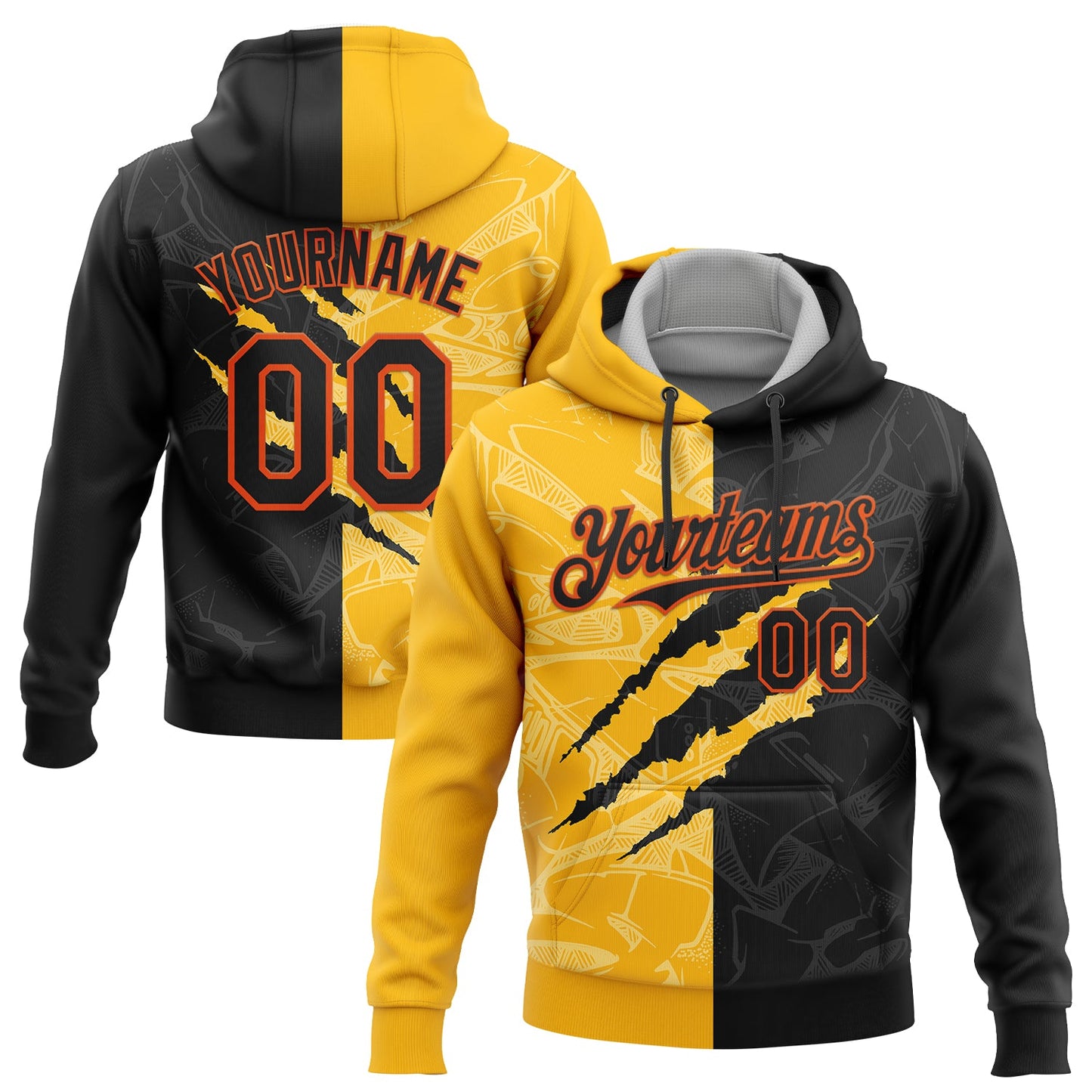 Custom Stitched Graffiti Pattern Black Gold-Orange 3D Scratch Sports Pullover Sweatshirt Hoodie - Main View