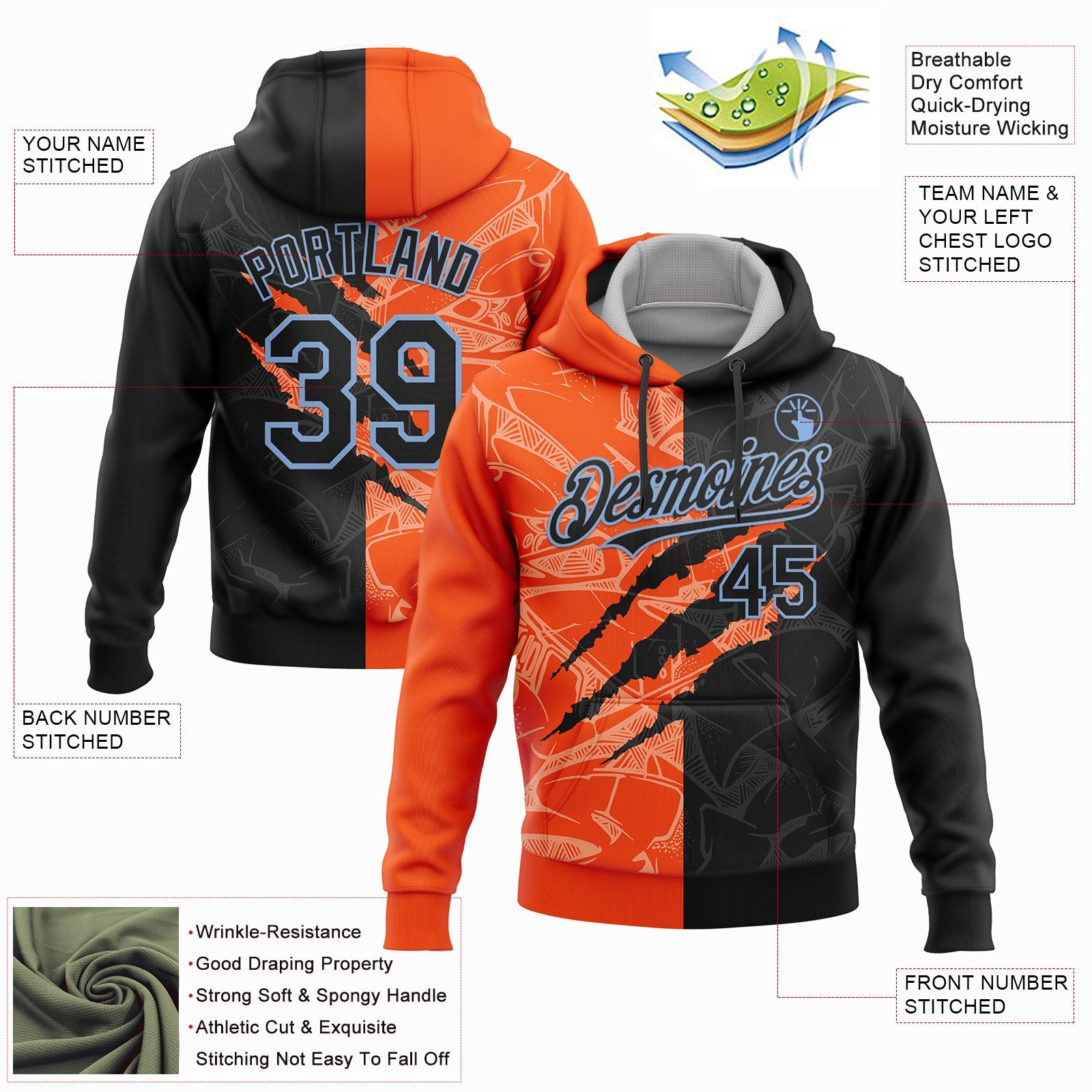 Custom Stitched Graffiti Pattern Black Orange-Light Blue 3D Scratch Sports Pullover Sweatshirt Hoodie view 2
