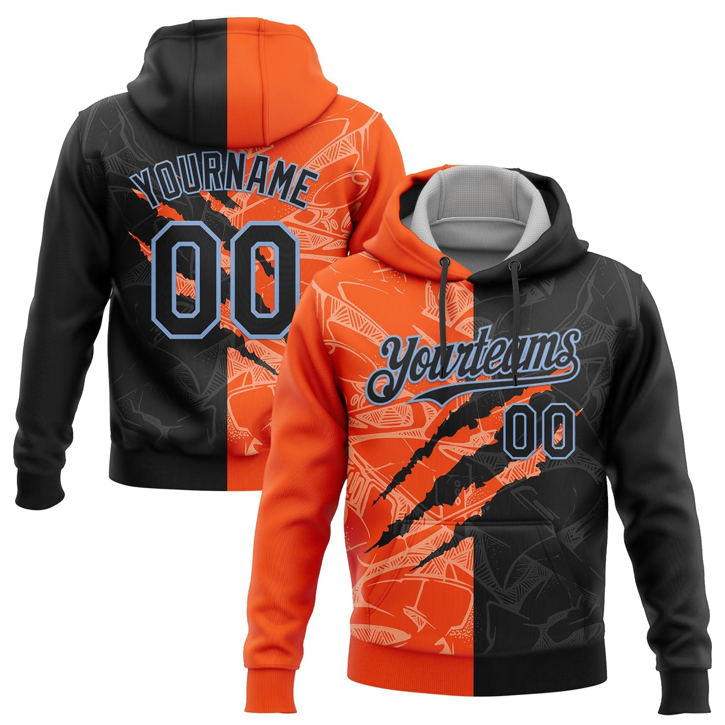 Custom Stitched Graffiti Pattern Black Orange-Light Blue 3D Scratch Sports Pullover Sweatshirt Hoodie - Main View