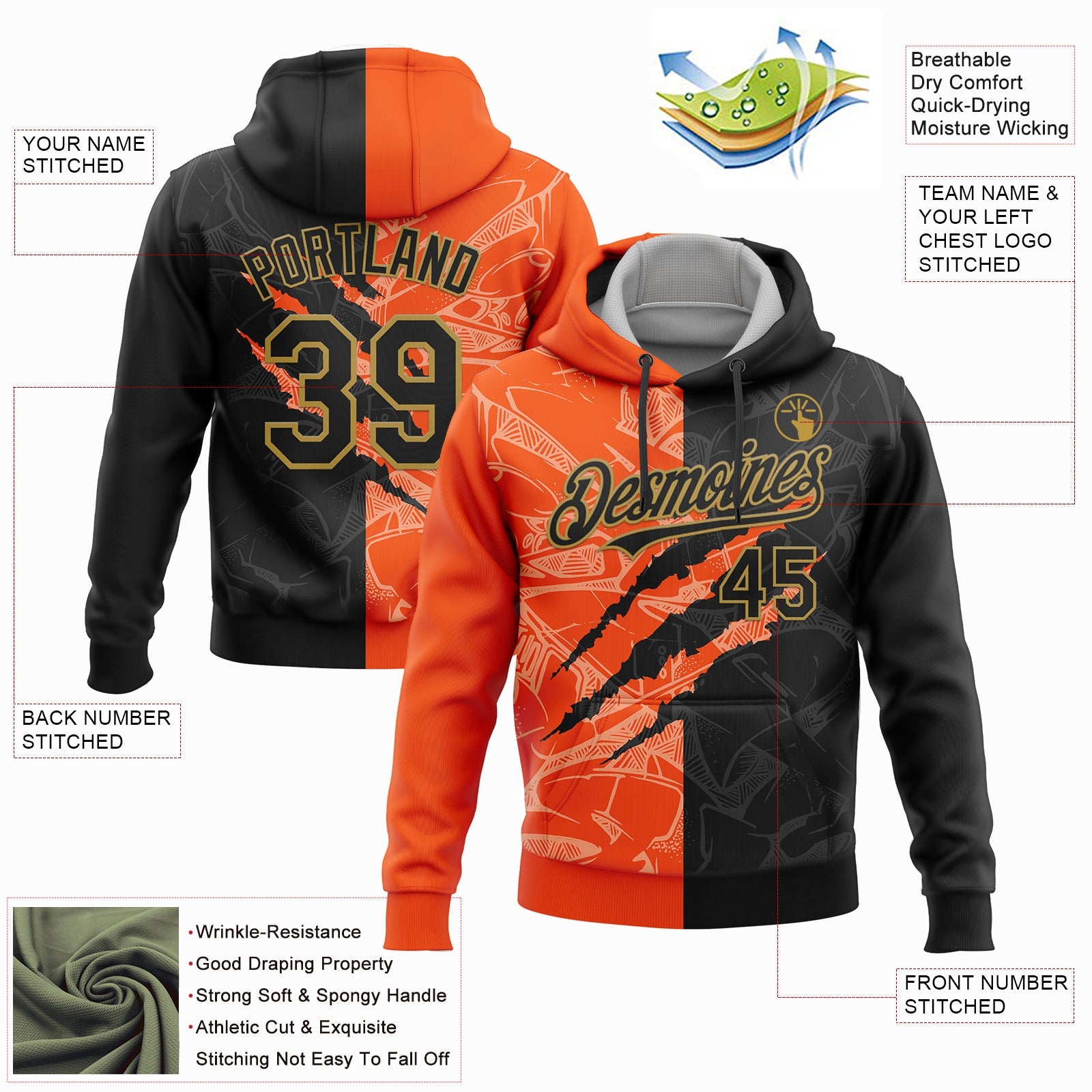 Custom Stitched Graffiti Pattern Black Orange-Old Gold 3D Scratch Sports Pullover Sweatshirt Hoodie view 2