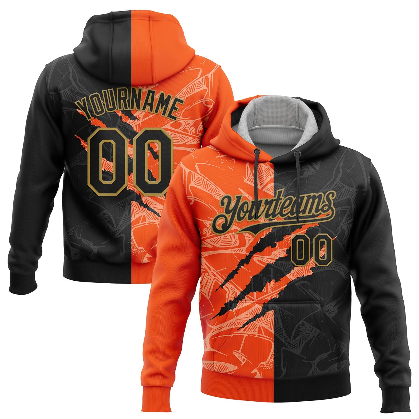 Custom Stitched Graffiti Pattern Black Orange-Old Gold 3D Scratch Sports Pullover Sweatshirt Hoodie - Main View