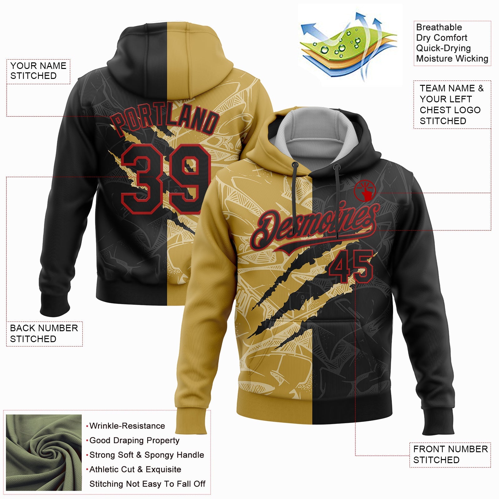 Custom Stitched Graffiti Pattern Black Old Gold-Red 3D Scratch Sports Pullover Sweatshirt Hoodie view 2
