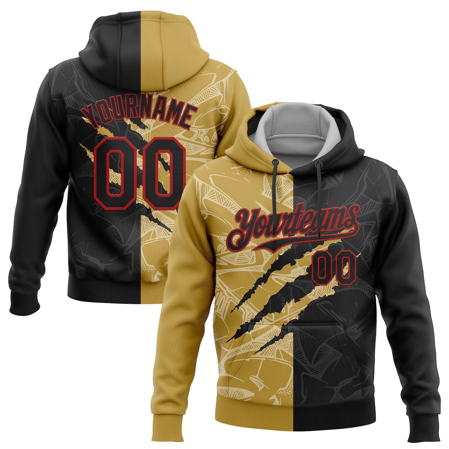 Custom Stitched Graffiti Pattern Black Old Gold-Red 3D Scratch Sports Pullover Sweatshirt Hoodie - Main View