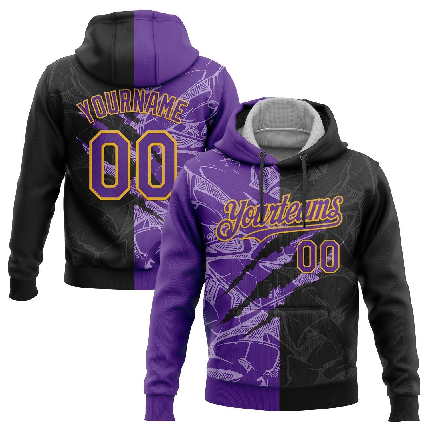 Custom Stitched Graffiti Pattern Black Purple-Gold 3D Scratch Sports Pullover Sweatshirt Hoodie - Main View