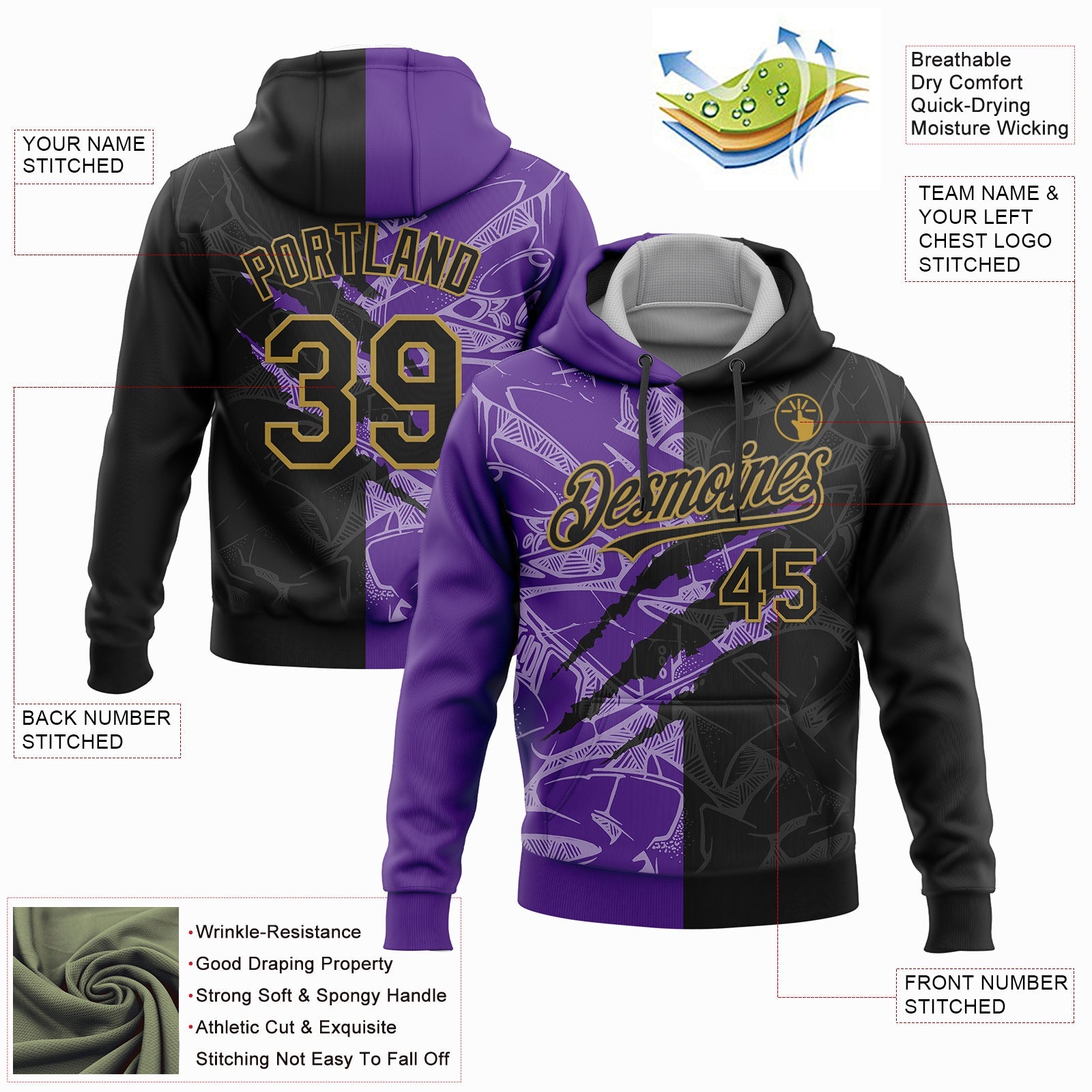 Custom Stitched Graffiti Pattern Black Purple-Old Gold 3D Scratch Sports Pullover Sweatshirt Hoodie view 2