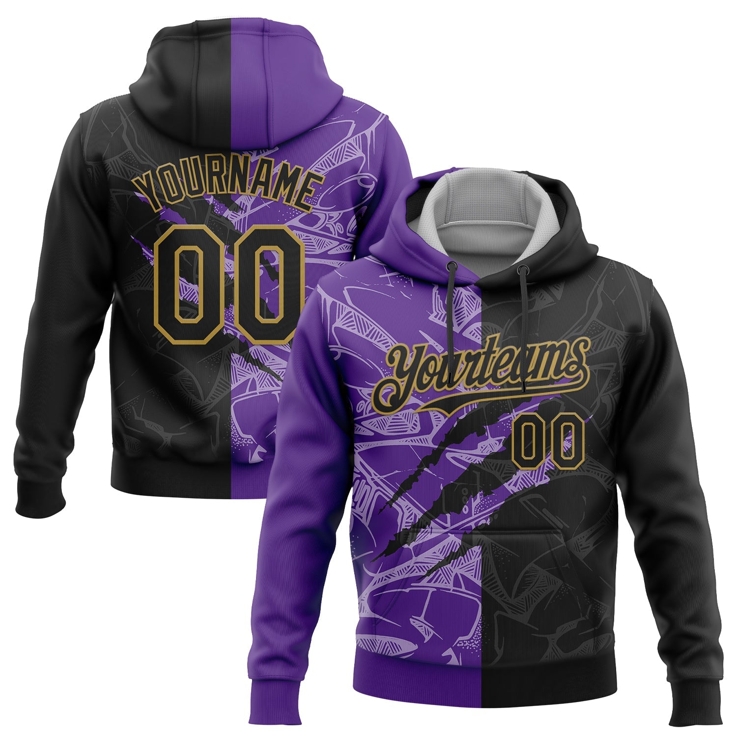 Custom Stitched Graffiti Pattern Black Purple-Old Gold 3D Scratch Sports Pullover Sweatshirt Hoodie - Main View