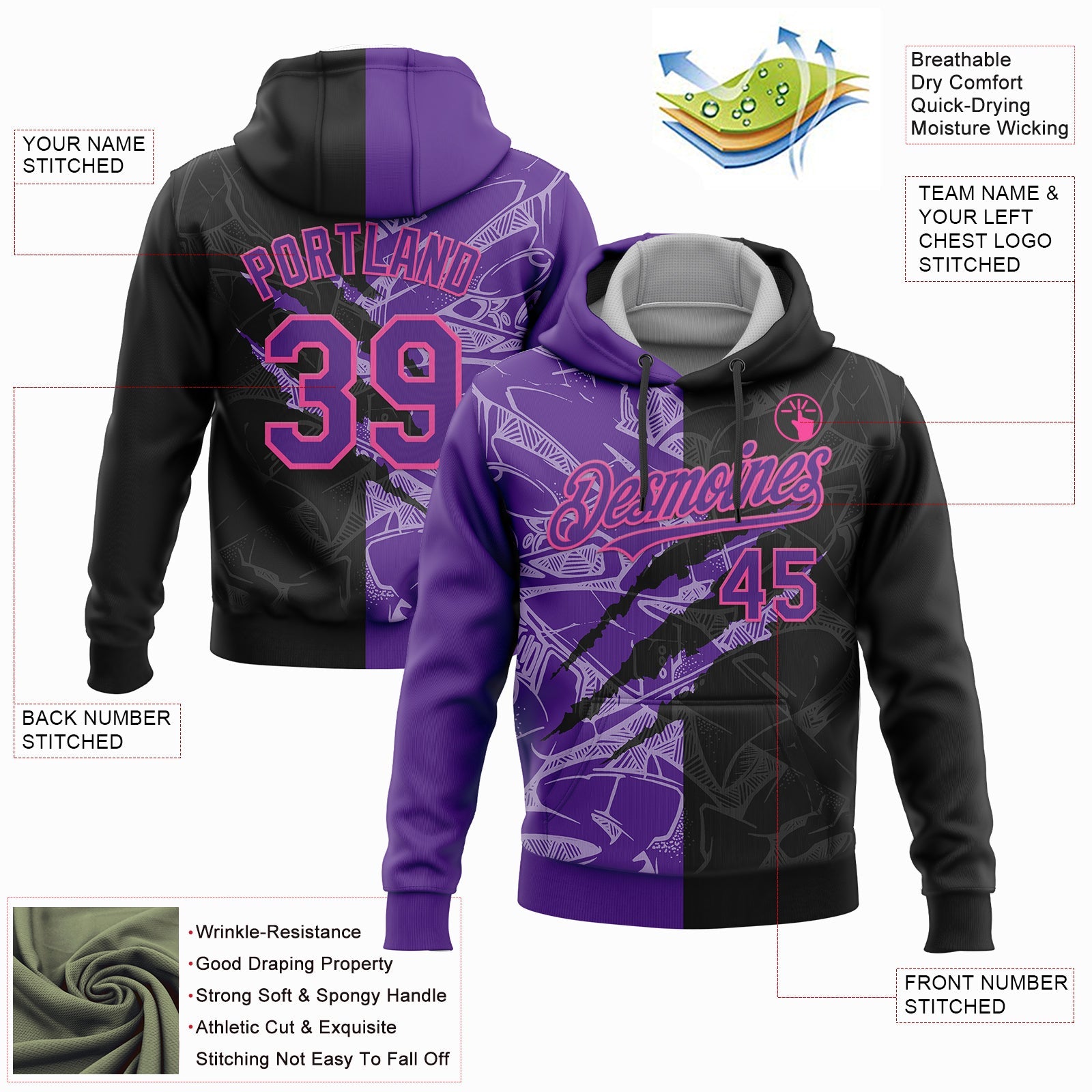 Custom Stitched Graffiti Pattern Black Purple-Pink 3D Scratch Sports Pullover Sweatshirt Hoodie view 2