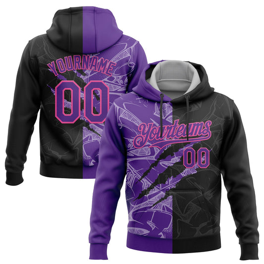 Custom Stitched Graffiti Pattern Black Purple-Pink 3D Scratch Sports Pullover Sweatshirt Hoodie - Main View