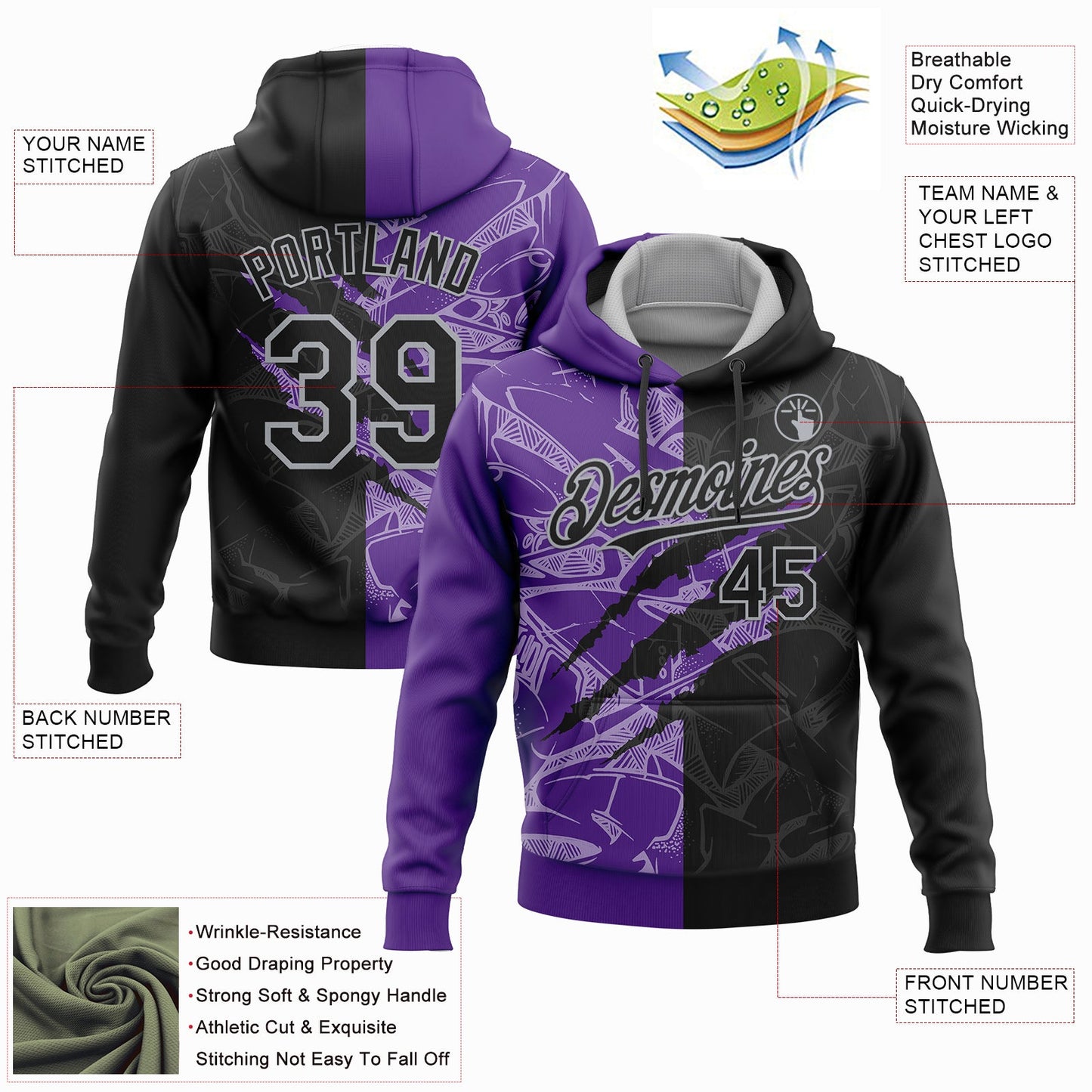 Custom Stitched Graffiti Pattern Black Purple-Gray 3D Scratch Sports Pullover Sweatshirt Hoodie view 2