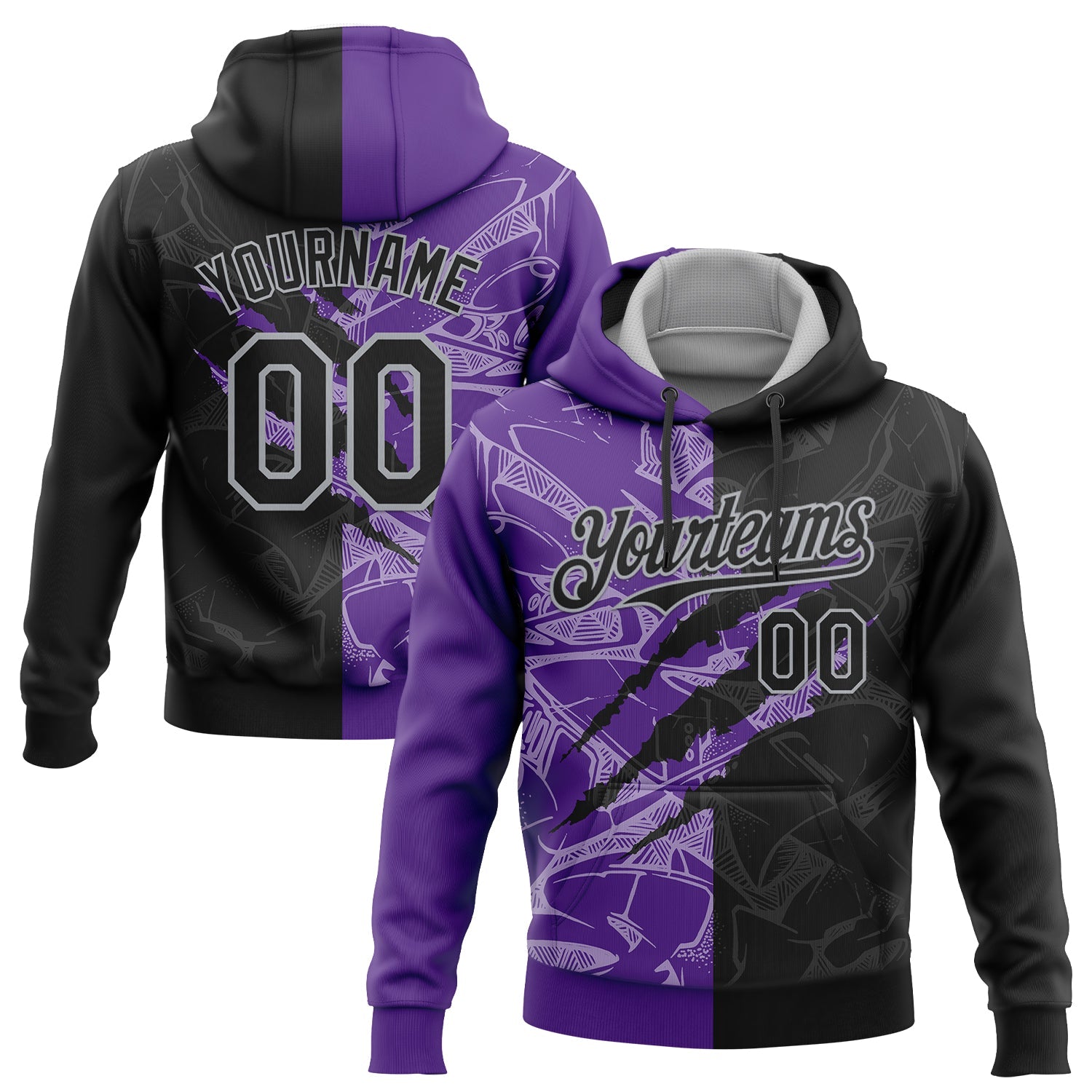 Custom Stitched Graffiti Pattern Black Purple-Gray 3D Scratch Sports Pullover Sweatshirt Hoodie - Main View