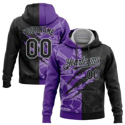 Custom Stitched Graffiti Pattern Black Purple-Gray 3D Scratch Sports Pullover Sweatshirt Hoodie - Main View