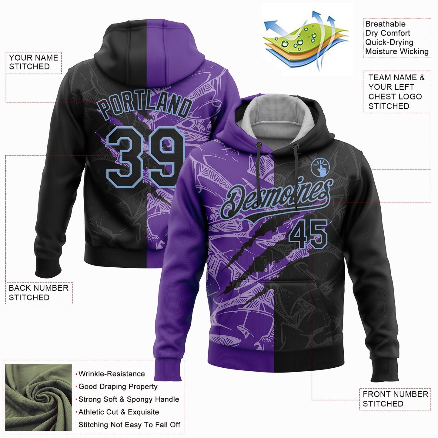 Custom Stitched Graffiti Pattern Black Purple-Light Blue 3D Scratch Sports Pullover Sweatshirt Hoodie view 2