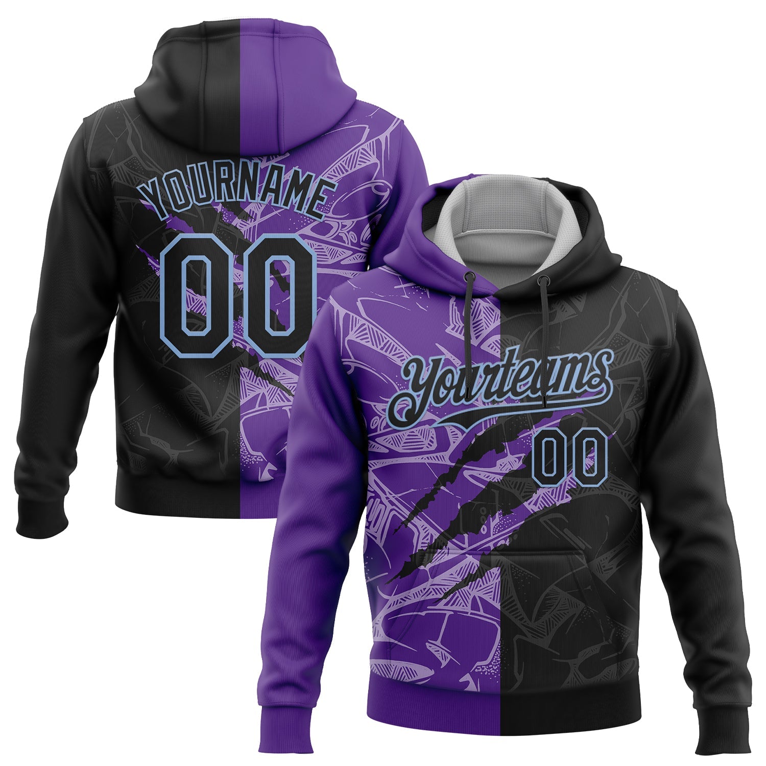 Custom Stitched Graffiti Pattern Black Purple-Light Blue 3D Scratch Sports Pullover Sweatshirt Hoodie - Main View