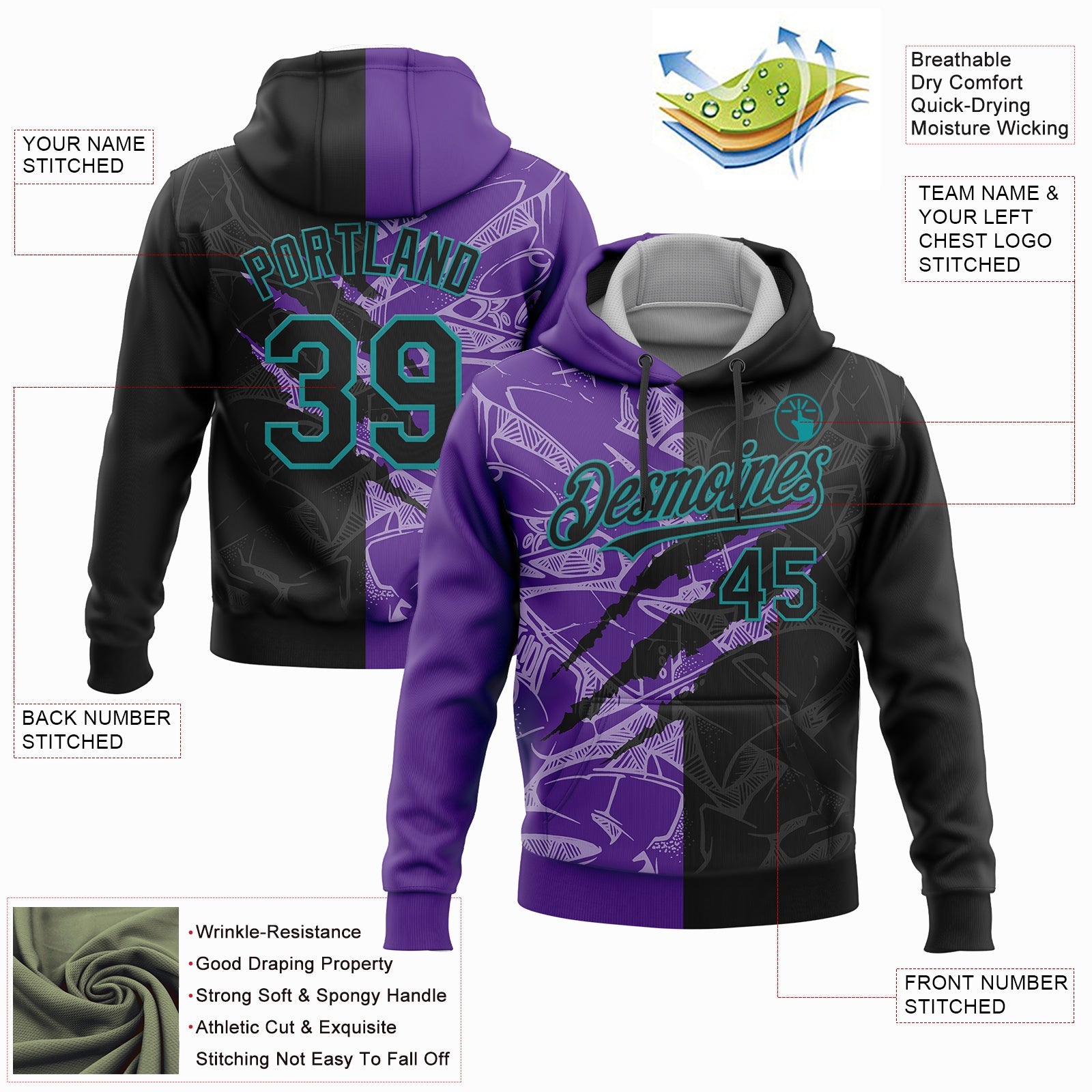 Custom Stitched Graffiti Pattern Black Purple-Teal 3D Scratch Sports Pullover Sweatshirt Hoodie view 2