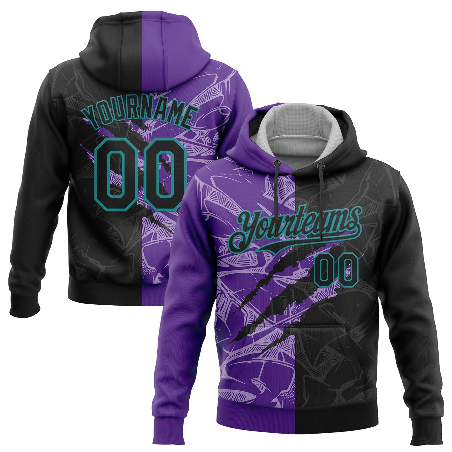 Custom Stitched Graffiti Pattern Black Purple-Teal 3D Scratch Sports Pullover Sweatshirt Hoodie - Main View