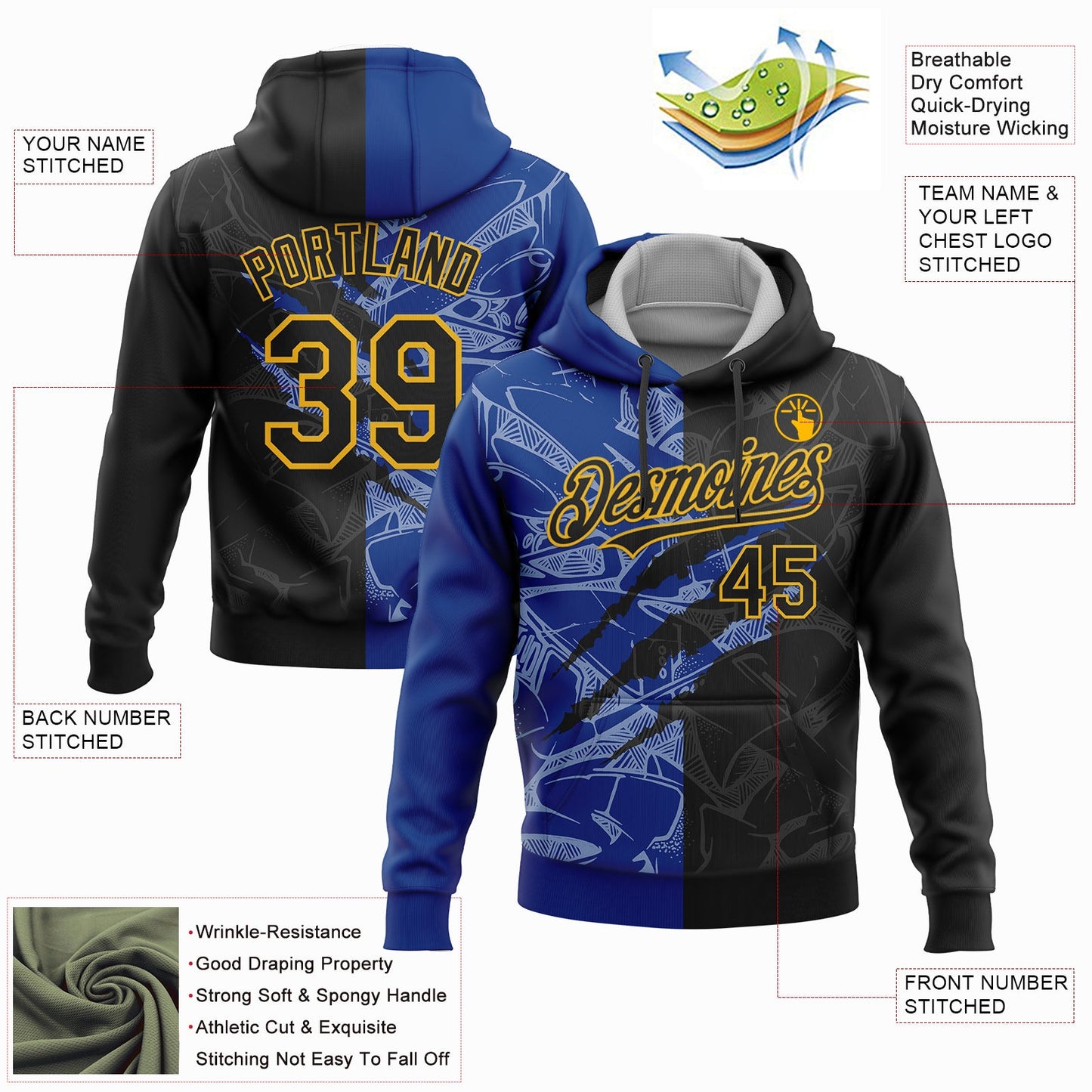 Custom Stitched Graffiti Pattern Black Royal-Gold 3D Scratch Sports Pullover Sweatshirt Hoodie view 2