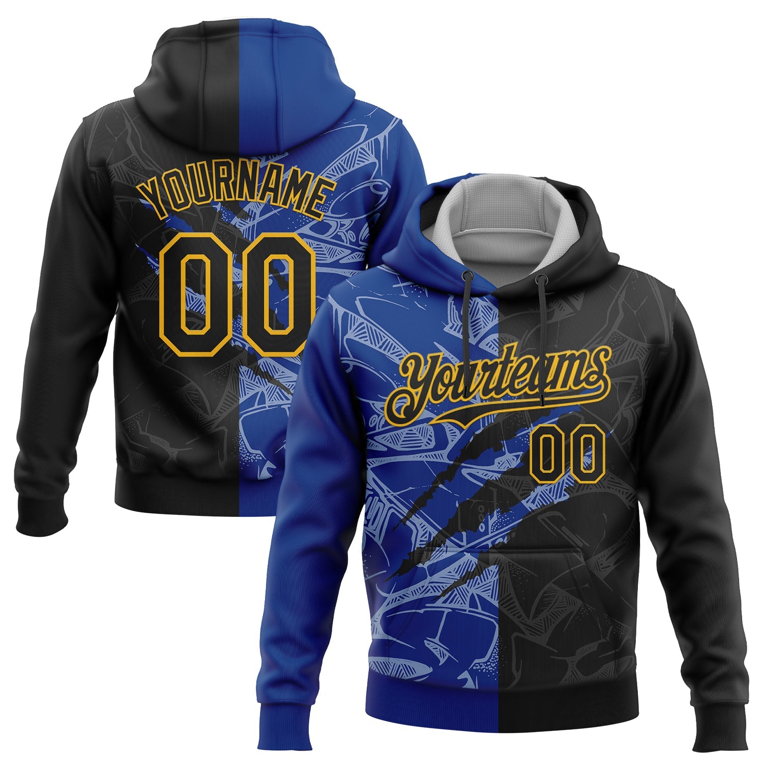 Custom Stitched Graffiti Pattern Black Royal-Gold 3D Scratch Sports Pullover Sweatshirt Hoodie - Main View