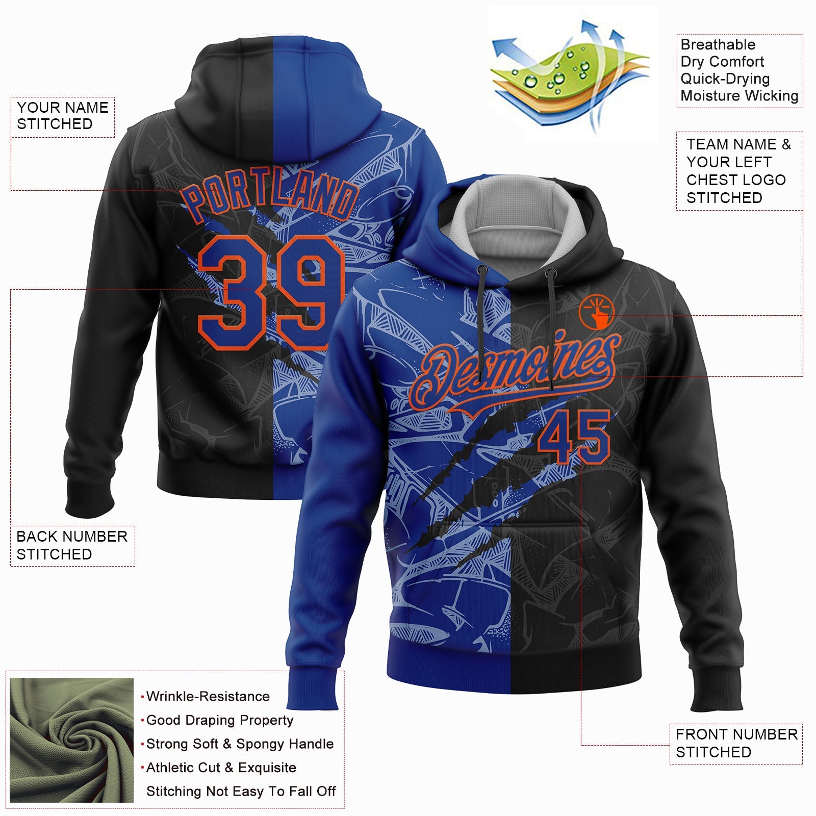 Custom Stitched Graffiti Pattern Black Royal-Orange 3D Scratch Sports Pullover Sweatshirt Hoodie view 2