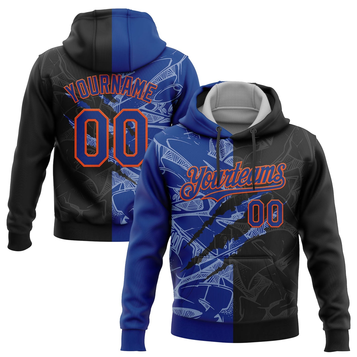 Custom Stitched Graffiti Pattern Black Royal-Orange 3D Scratch Sports Pullover Sweatshirt Hoodie - Main View