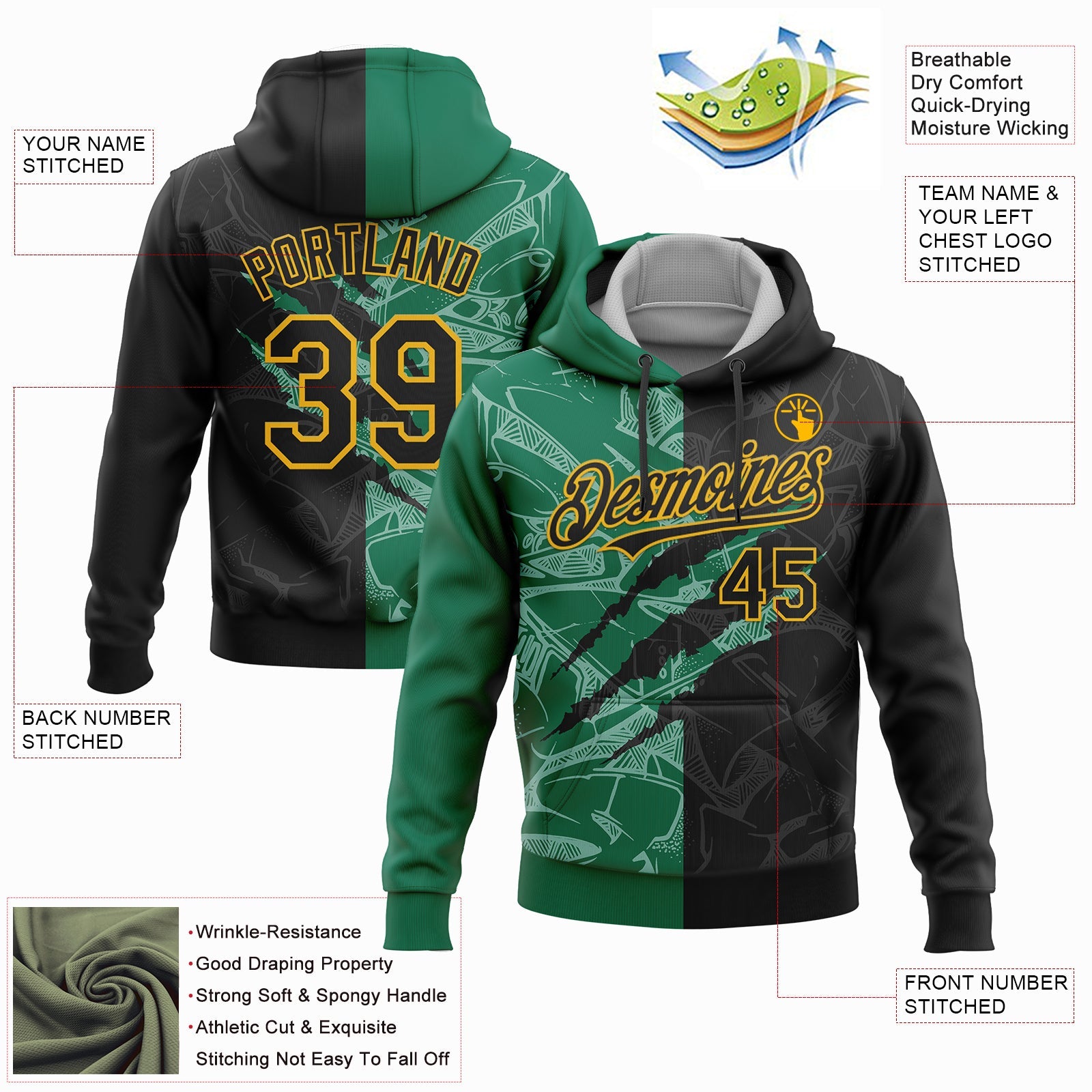 Custom Stitched Graffiti Pattern Black Kelly Green-Gold 3D Scratch Sports Pullover Sweatshirt Hoodie view 2