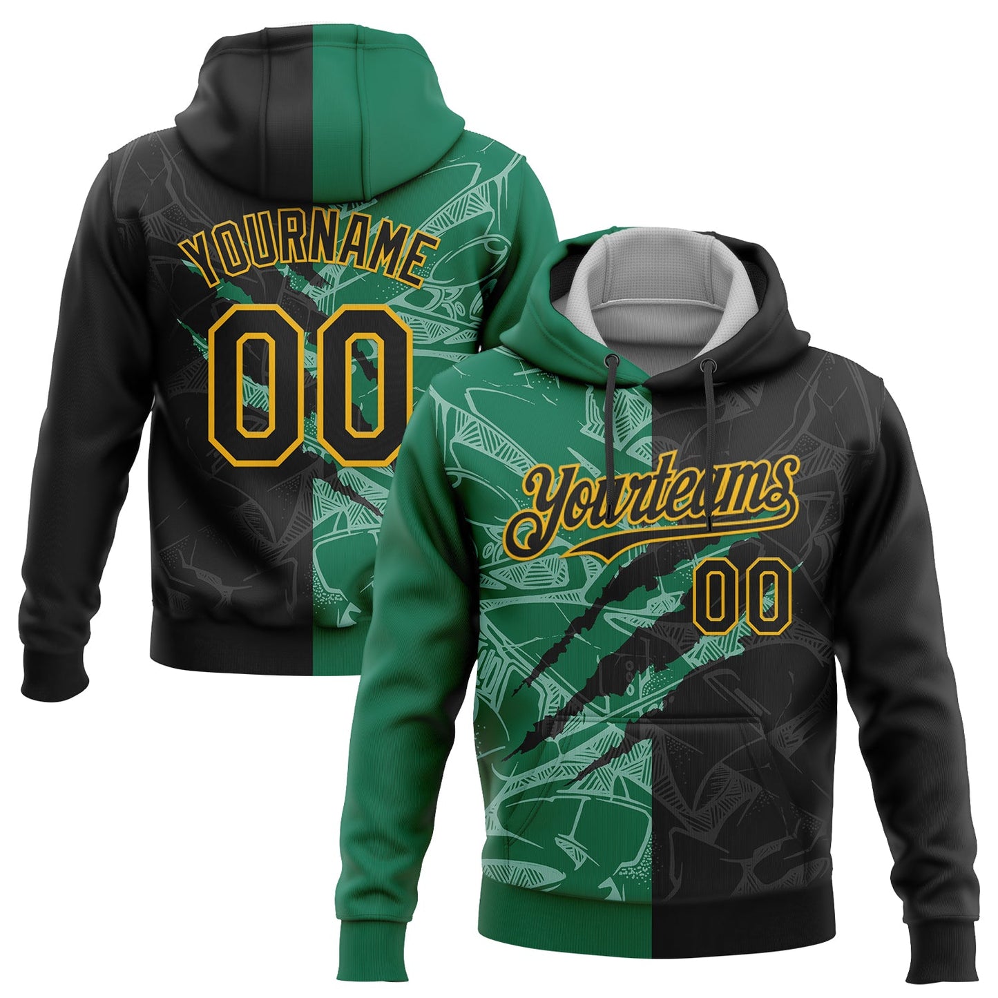 Custom Stitched Graffiti Pattern Black Kelly Green-Gold 3D Scratch Sports Pullover Sweatshirt Hoodie - Main View