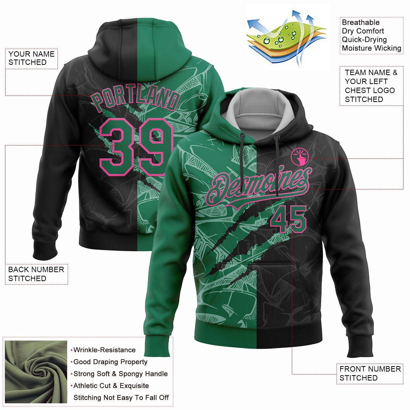 Custom Stitched Graffiti Pattern Black Kelly Green-Pink 3D Scratch Sports Pullover Sweatshirt Hoodie view 2