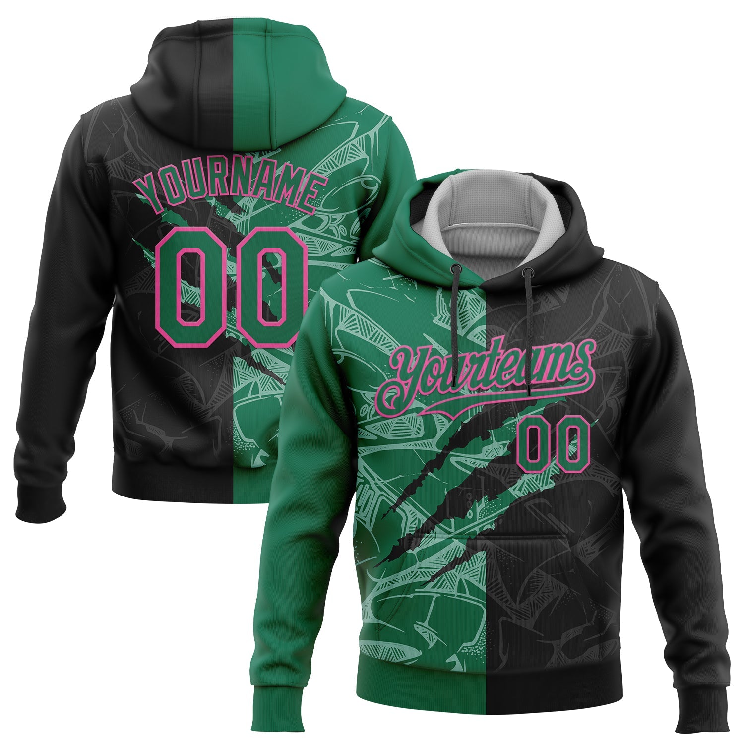 Custom Stitched Graffiti Pattern Black Kelly Green-Pink 3D Scratch Sports Pullover Sweatshirt Hoodie - Main View
