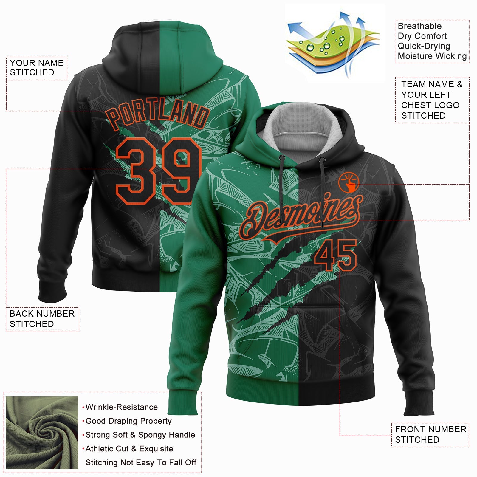 Custom Stitched Graffiti Pattern Black Kelly Green-Orange 3D Scratch Sports Pullover Sweatshirt Hoodie view 2