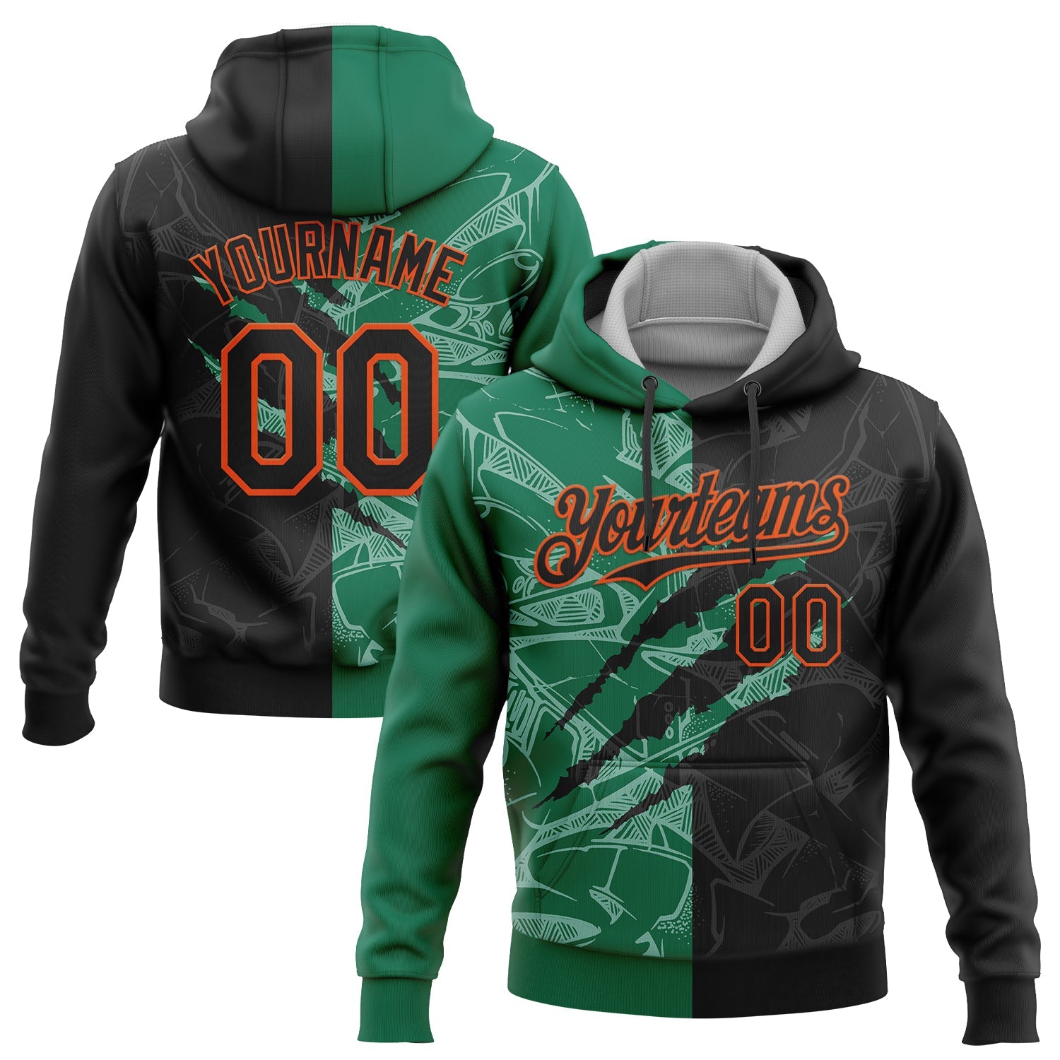 Custom Stitched Graffiti Pattern Black Kelly Green-Orange 3D Scratch Sports Pullover Sweatshirt Hoodie - Main View