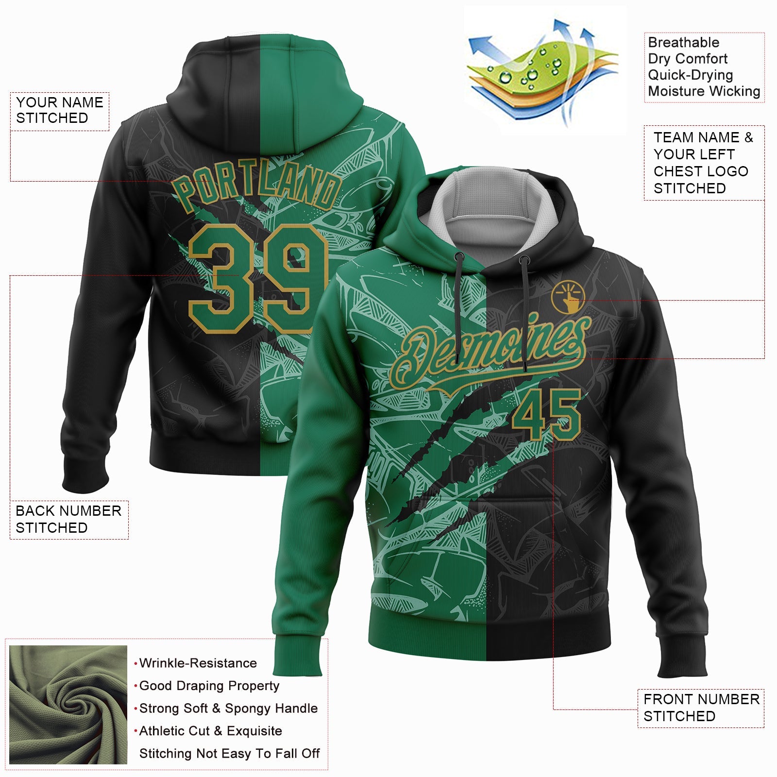 Custom Stitched Graffiti Pattern Black Kelly Green-Old Gold 3D Scratch Sports Pullover Sweatshirt Hoodie view 2