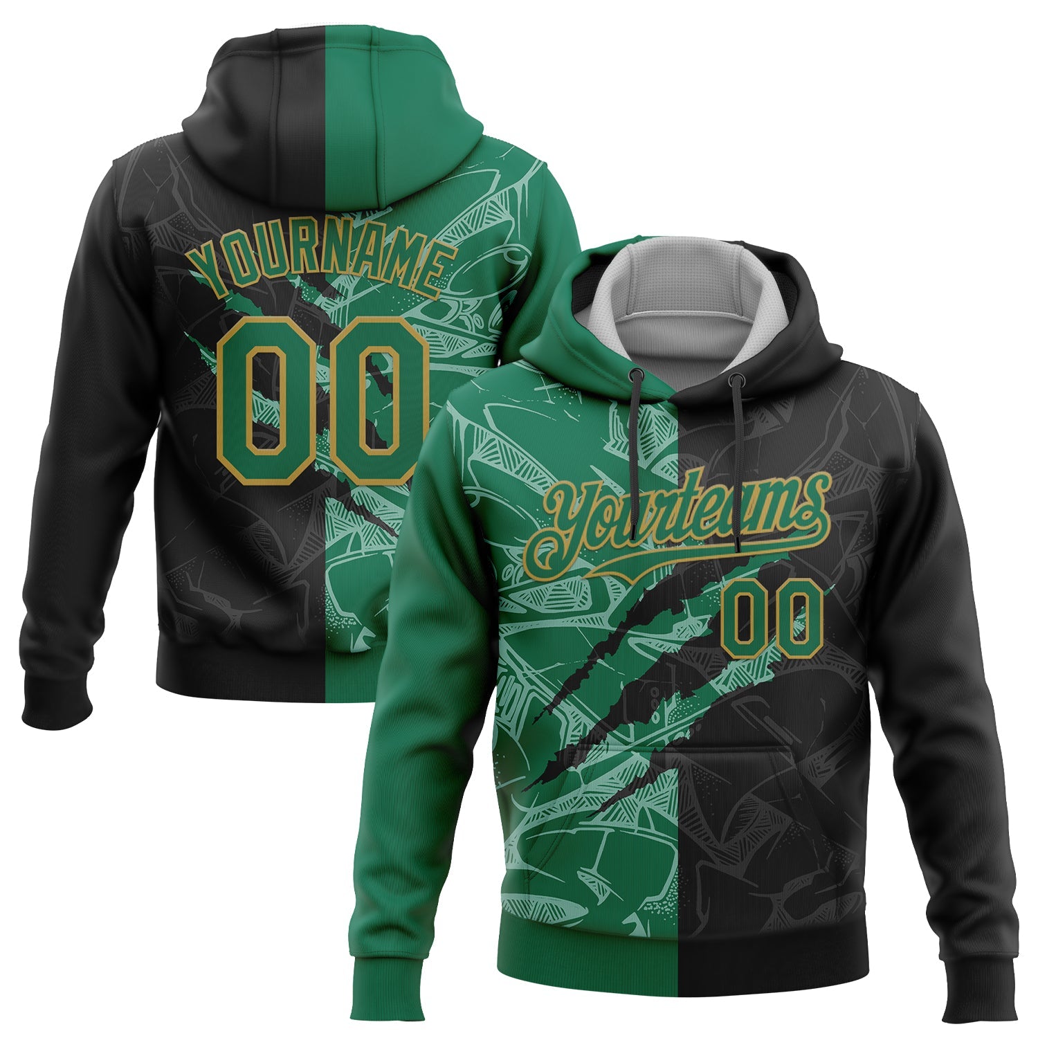 Custom Stitched Graffiti Pattern Black Kelly Green-Old Gold 3D Scratch Sports Pullover Sweatshirt Hoodie - Main View