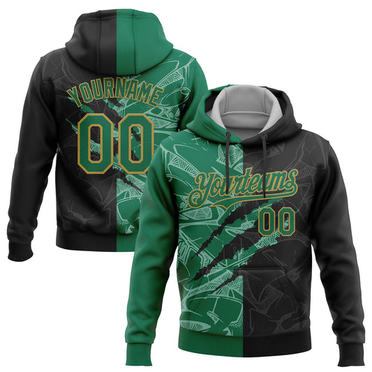 Custom Stitched Graffiti Pattern Black Kelly Green-Old Gold 3D Scratch Sports Pullover Sweatshirt Hoodie - Main View