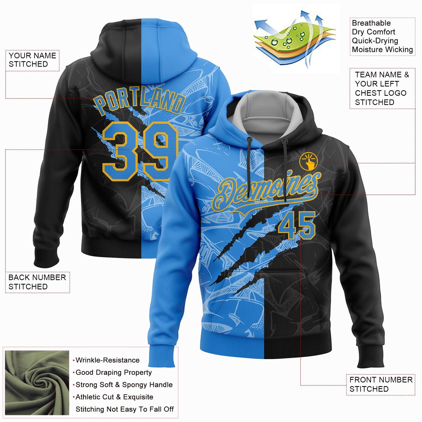 Custom Stitched Graffiti Pattern Black Powder Blue-Gold 3D Scratch Sports Pullover Sweatshirt Hoodie view 2