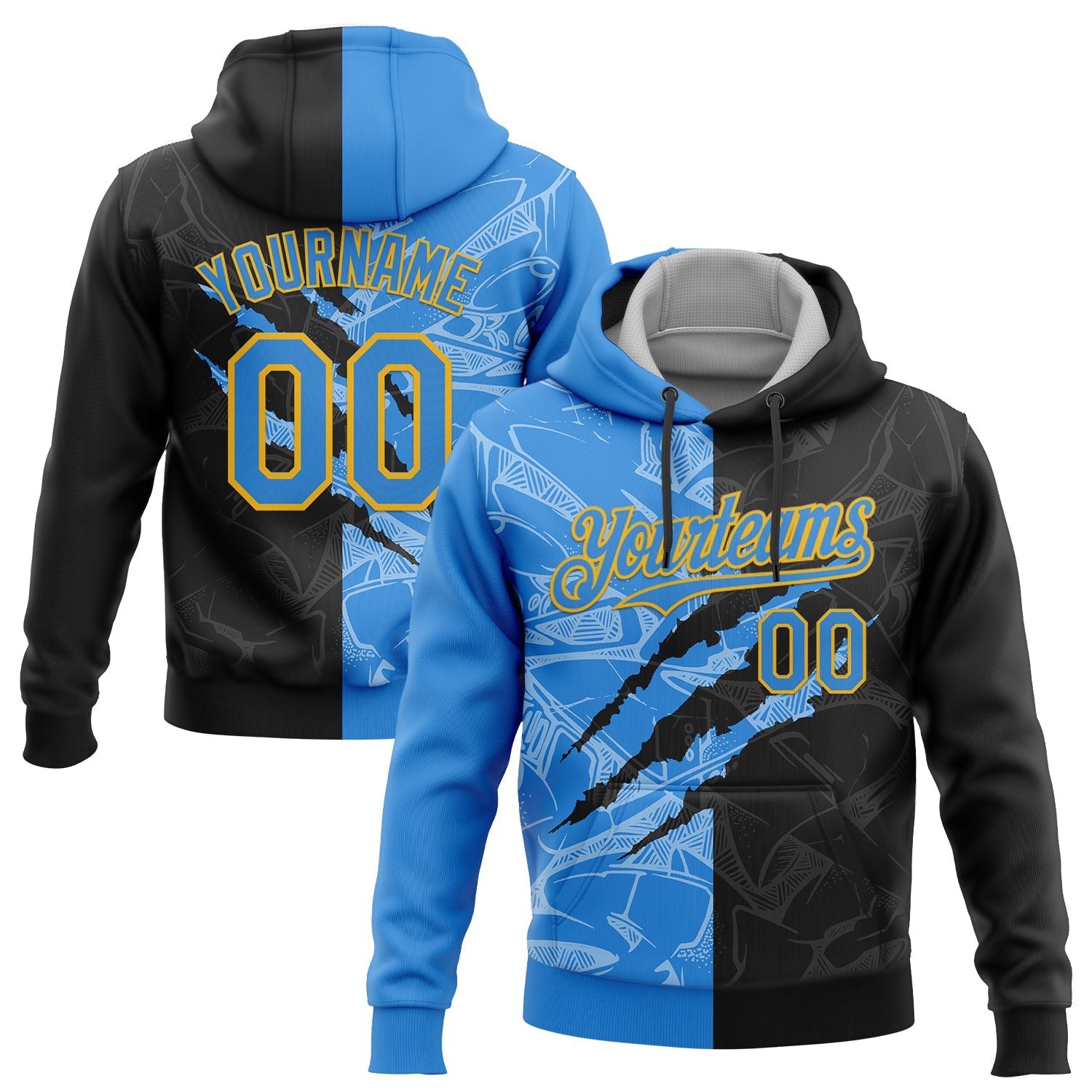 Custom Stitched Graffiti Pattern Black Powder Blue-Gold 3D Scratch Sports Pullover Sweatshirt Hoodie - Main View