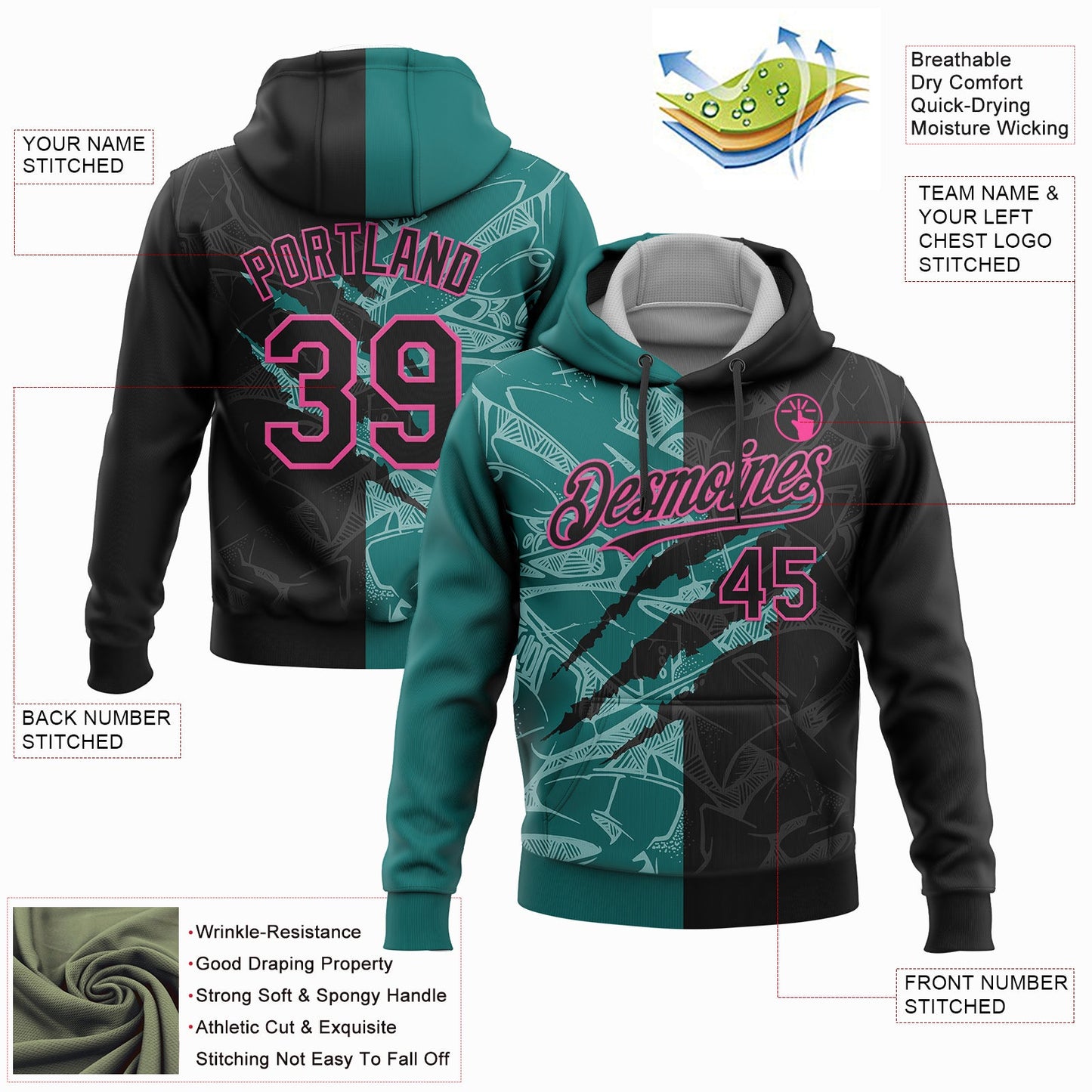 Custom Stitched Graffiti Pattern Black Teal-Pink 3D Scratch Sports Pullover Sweatshirt Hoodie view 2