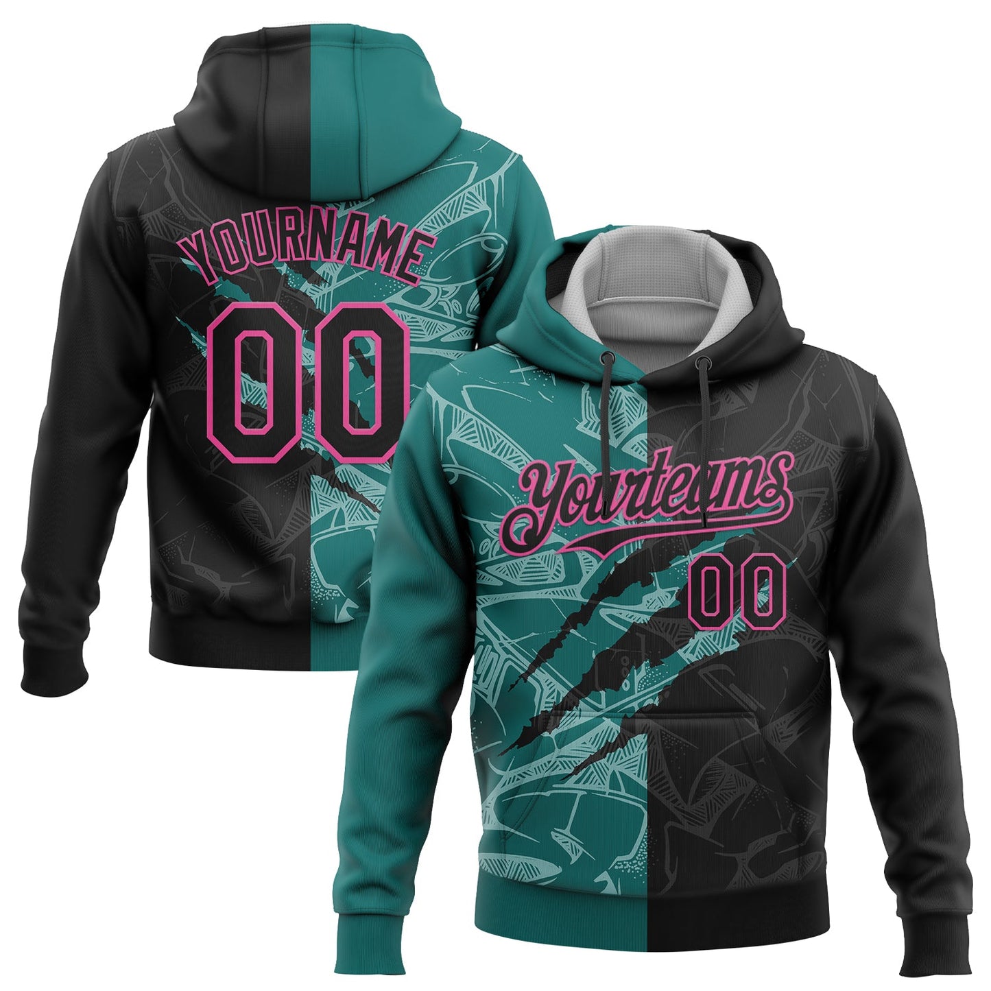 Custom Stitched Graffiti Pattern Black Teal-Pink 3D Scratch Sports Pullover Sweatshirt Hoodie - Main View