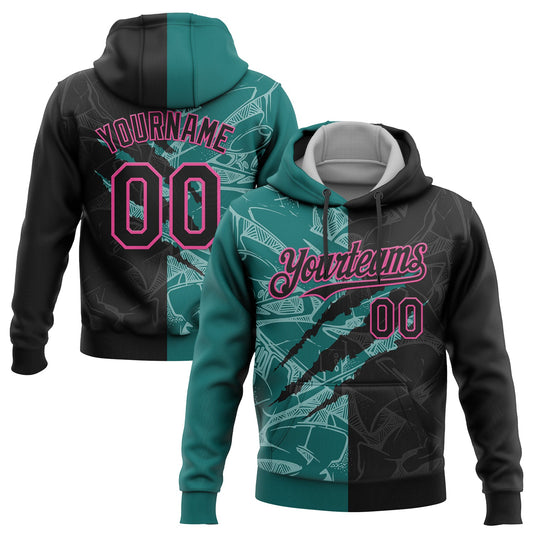 Custom Stitched Graffiti Pattern Black Teal-Pink 3D Scratch Sports Pullover Sweatshirt Hoodie - Main View