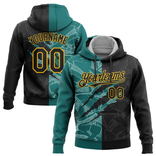 Custom Stitched Graffiti Pattern Black Teal-Gold 3D Scratch Sports Pullover Sweatshirt Hoodie - Main View