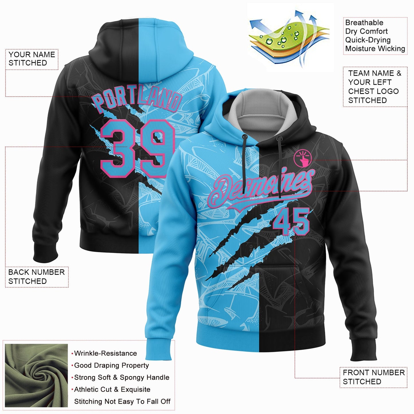 Custom Stitched Graffiti Pattern Black Sky Blue-Pink 3D Scratch Sports Pullover Sweatshirt Hoodie view 2