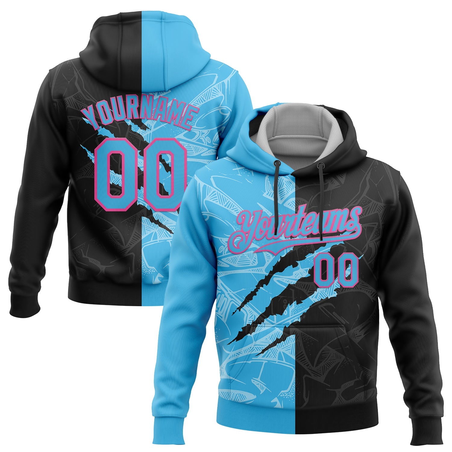 Custom Stitched Graffiti Pattern Black Sky Blue-Pink 3D Scratch Sports Pullover Sweatshirt Hoodie - Main View