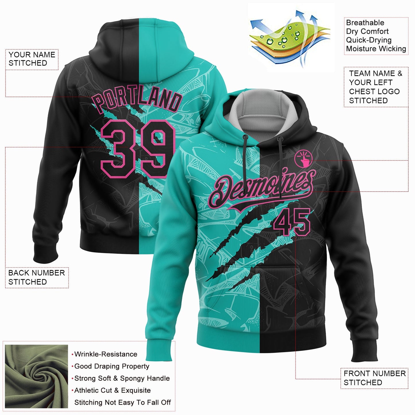 Custom Stitched Graffiti Pattern Black Aqua-Pink 3D Scratch Sports Pullover Sweatshirt Hoodie view 2