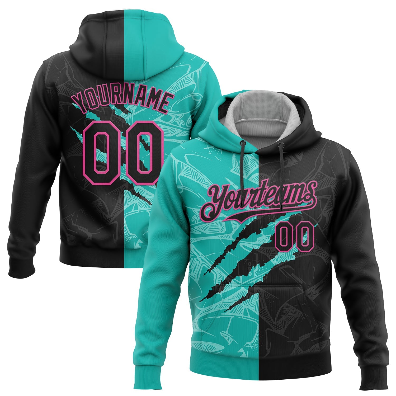 Custom Stitched Graffiti Pattern Black Aqua-Pink 3D Scratch Sports Pullover Sweatshirt Hoodie - Main View