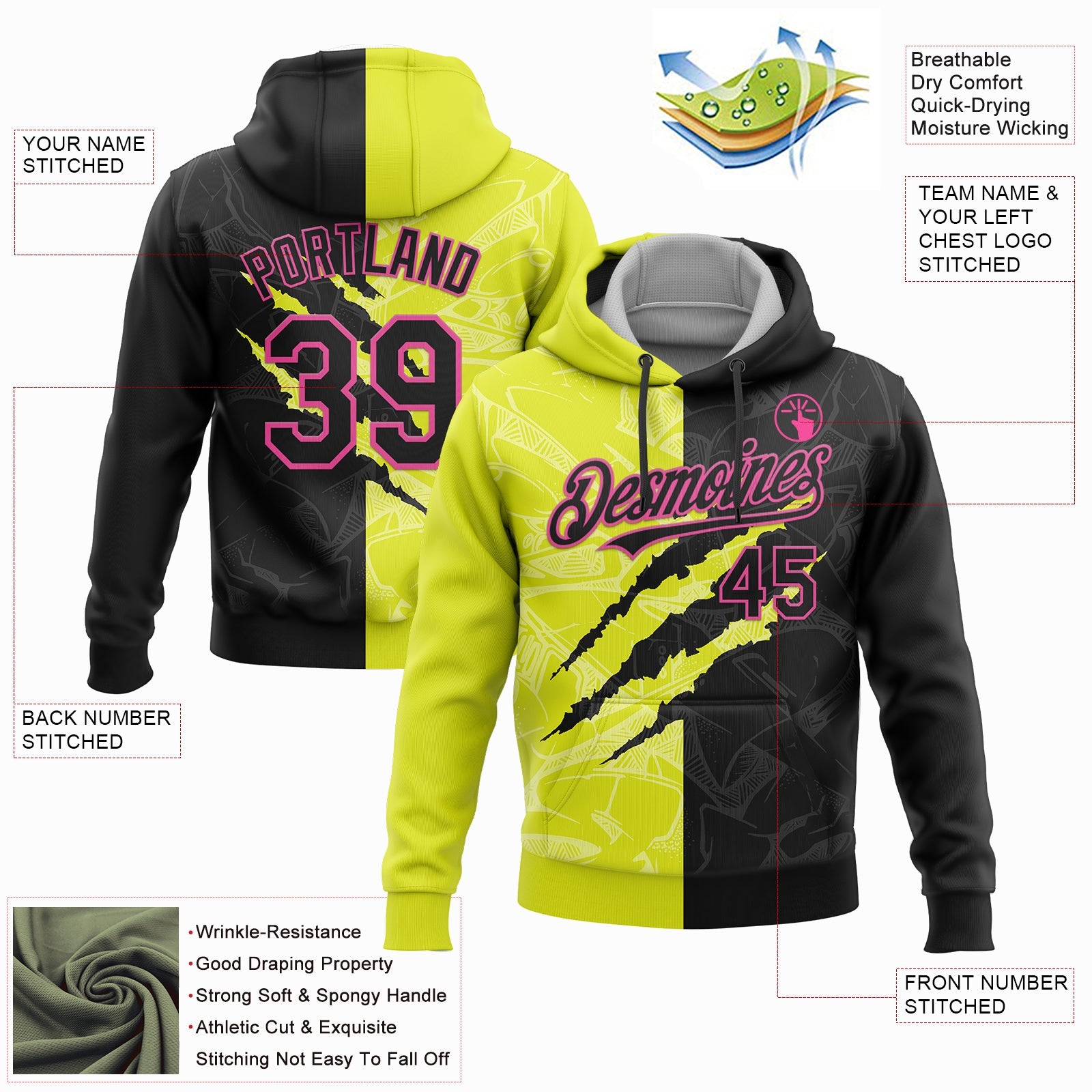 Custom Stitched Graffiti Pattern Black Neon Yellow-Pink 3D Scratch Sports Pullover Sweatshirt Hoodie view 2