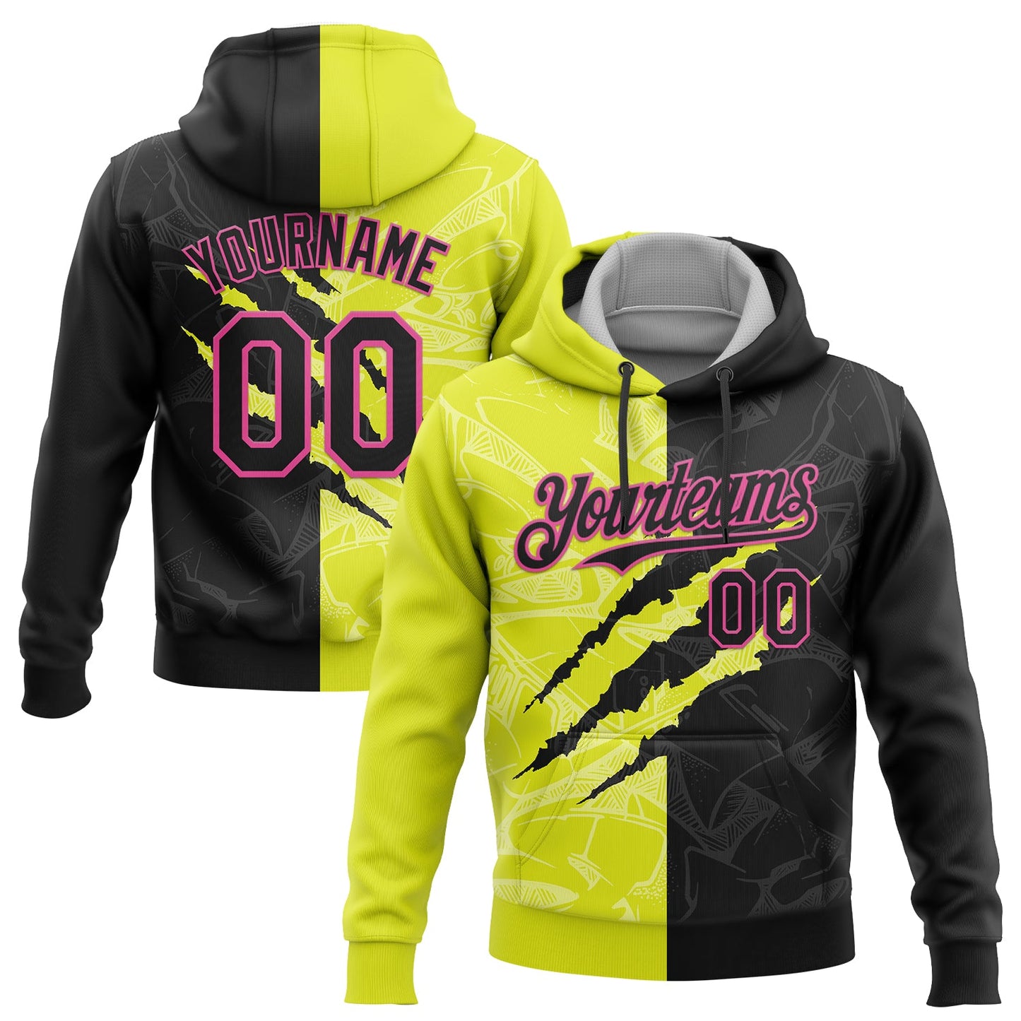 Custom Stitched Graffiti Pattern Black Neon Yellow-Pink 3D Scratch Sports Pullover Sweatshirt Hoodie - Main View