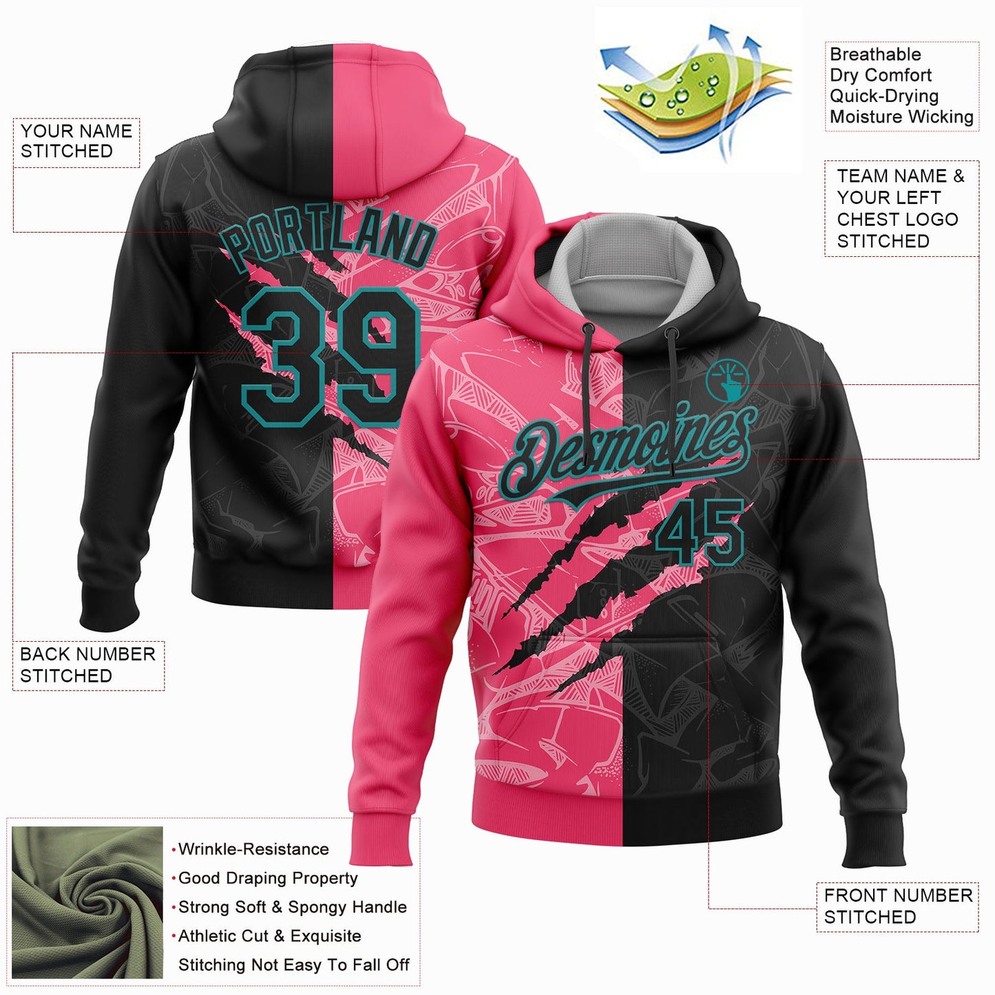 Custom Stitched Graffiti Pattern Black Neon Pink-Teal 3D Scratch Sports Pullover Sweatshirt Hoodie view 2
