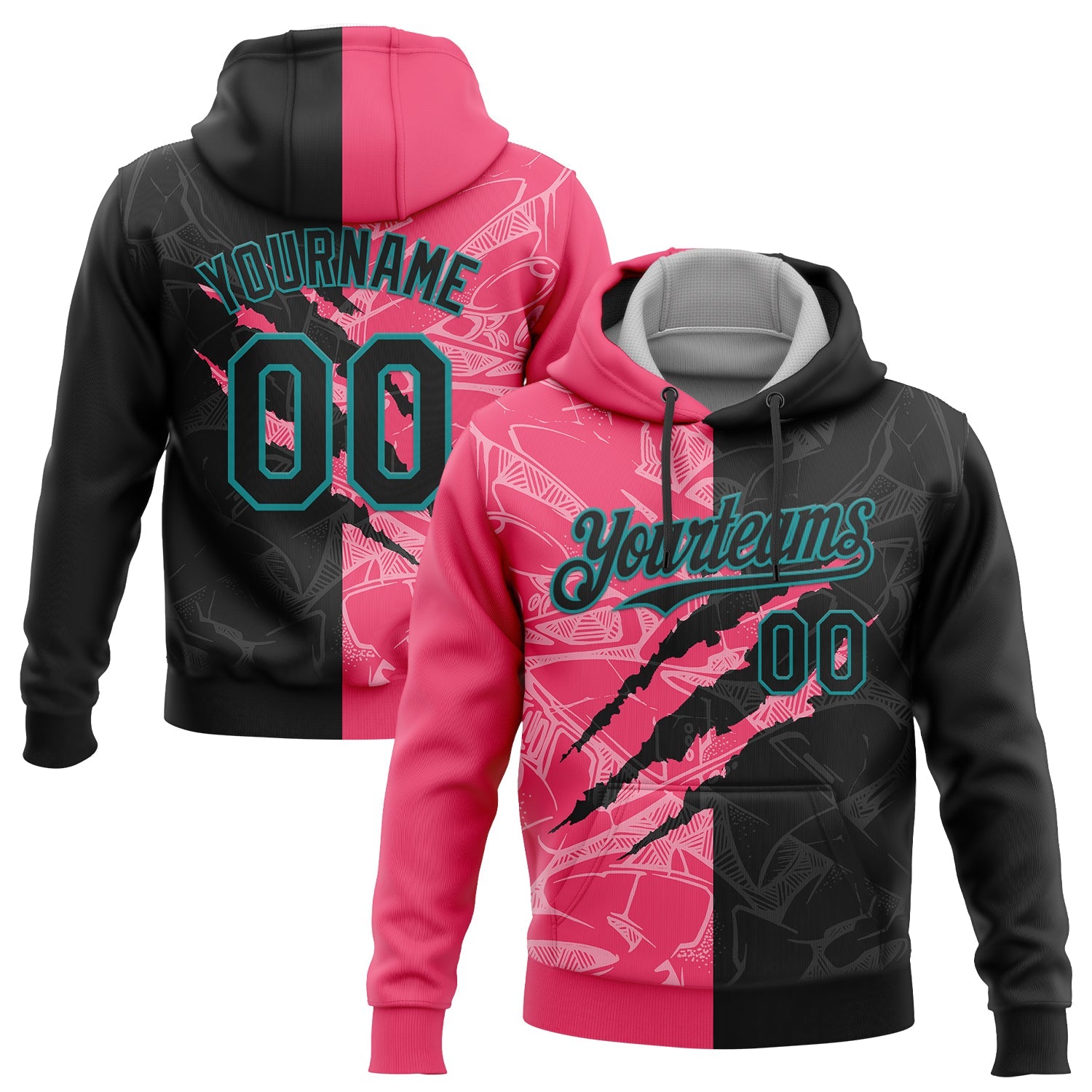 Custom Stitched Graffiti Pattern Black Neon Pink-Teal 3D Scratch Sports Pullover Sweatshirt Hoodie - Main View