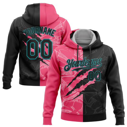 Custom Stitched Graffiti Pattern Black Neon Pink-Teal 3D Scratch Sports Pullover Sweatshirt Hoodie - Main View