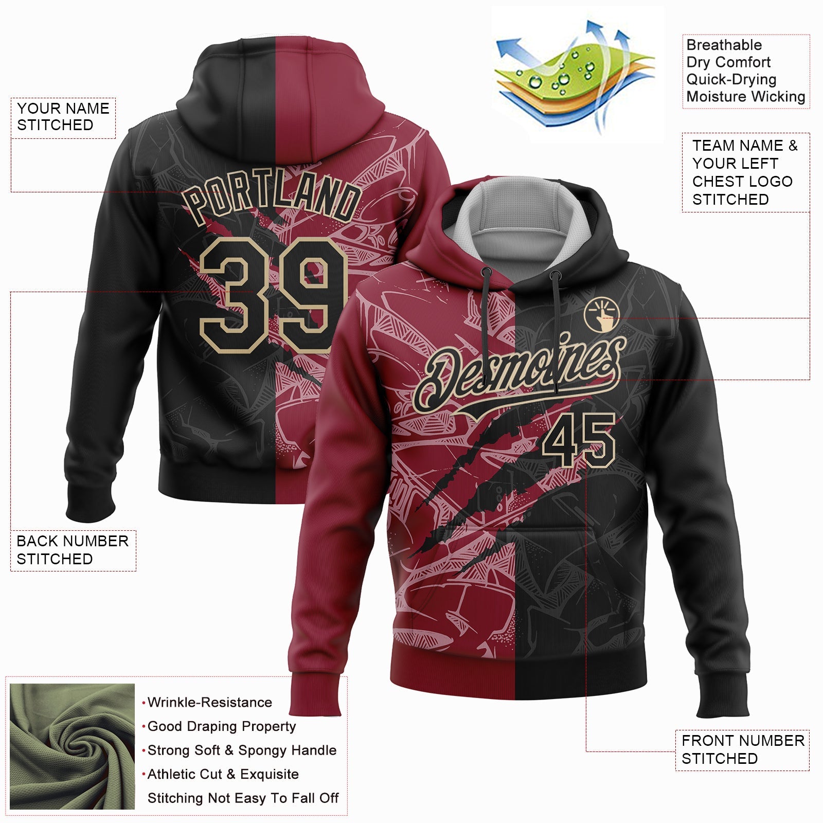 Custom Stitched Graffiti Pattern Black Crimson-City Cream 3D Scratch Sports Pullover Sweatshirt Hoodie view 2