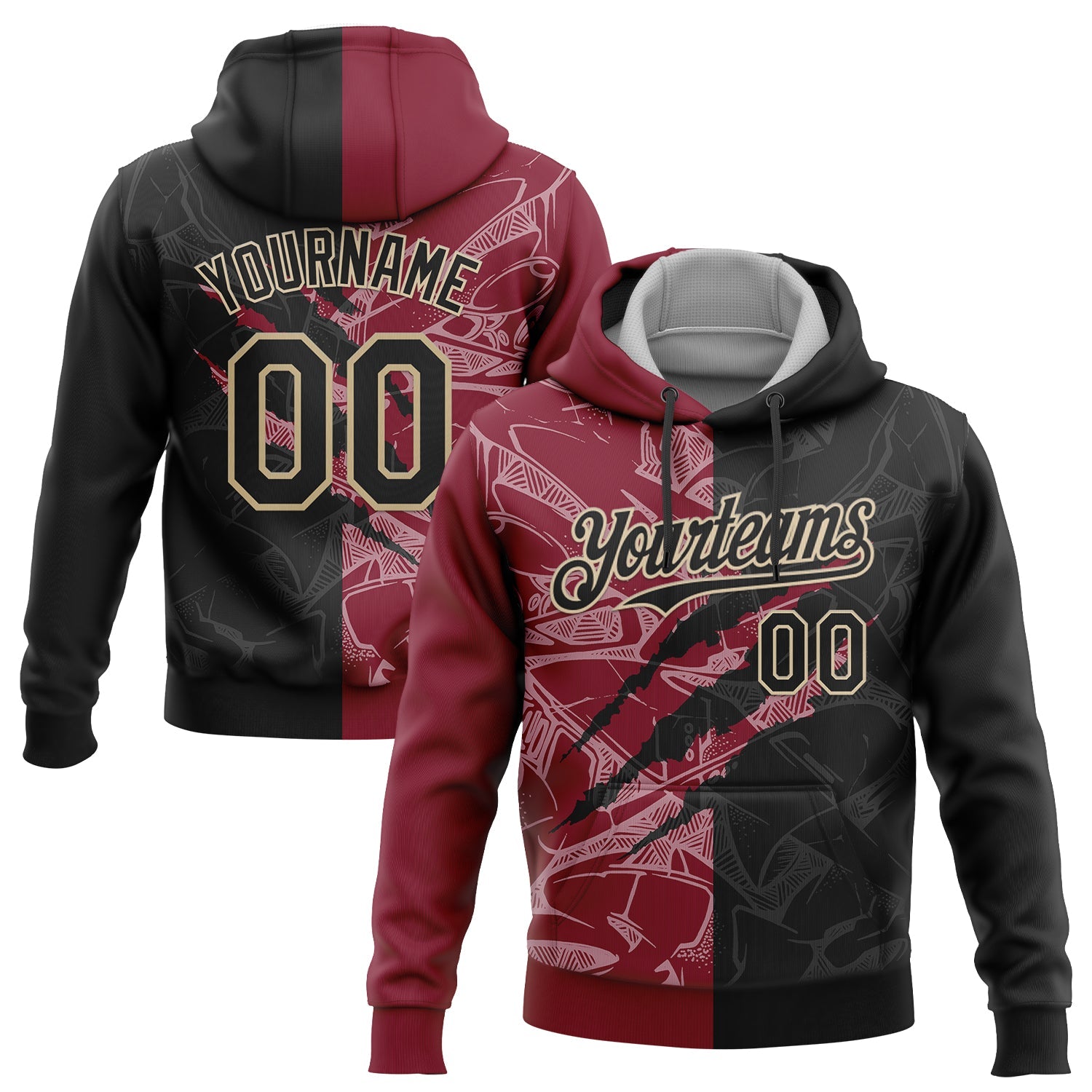 Custom Stitched Graffiti Pattern Black Crimson-City Cream 3D Scratch Sports Pullover Sweatshirt Hoodie - Main View
